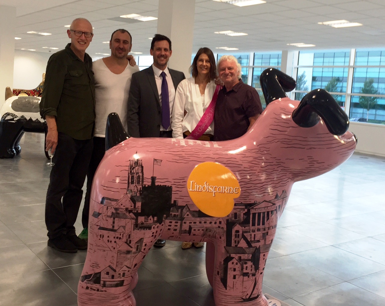 L-R Ray Laidlaw, Edgar, Matt Lewis, Susan Jones from St Oswalds Hospice and Billy Mitchell L-R Ray Laidlaw, Edgar, Matt Lewis, Susan Jones from St Oswalds Hospice and Billy Mitchell