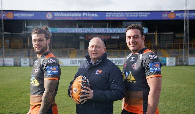 Alex Foster, Second Row, Castleford Tigers; Mick Martin-Roebuck, General Manager, Motorpoint Castleford and Grant Millington, Prop / Second Row, Castleford Tigers Alex Foster, Second Row, Castleford Tigers; Mick Martin-Roebuck, General Manager, Motorpoint Castleford and Grant Millington, Prop / Second Row, Castleford Tigers