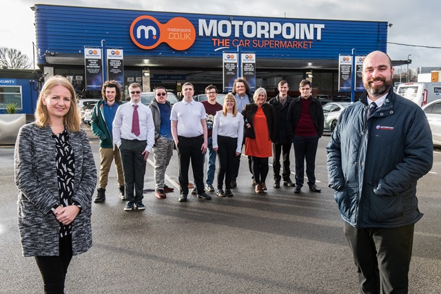 Pictured from the left are Sarah Cutler, Harrison Losh, Johnathan Leach, Ryan Stevens, Callum Brown, Sean Jenkins, Imogen Colebourne, Jack Corbin, Amanda Cartwright, Kieran Burton, Matthew Sharp and Lee Wheadon, Sales Manager at Motorpoint Derby Pictured from the left are Sarah Cutler, Harrison Losh, Johnathan Leach, Ryan Stevens, Callum Brown, Sean Jenkins, Imogen Colebourne, Jack Corbin, Amanda Cartwright, Kieran Burton, Matthew Sharp and Lee Wheadon, Sales Manager at Motorpoint Derby
