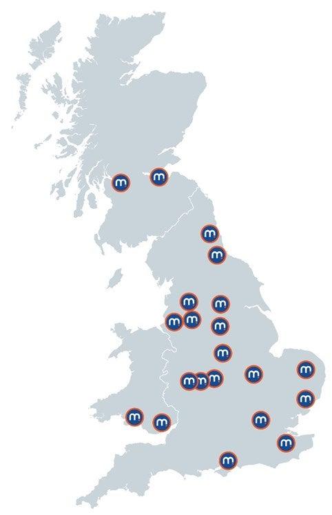 Map of UK with Motorpoint store locations