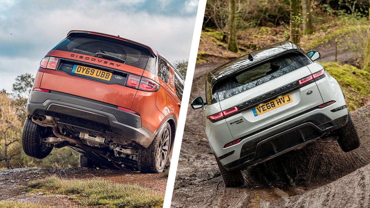 Land Rover Discovery Sport vs Range Rover Evoque off-road with rear wheel in the air
