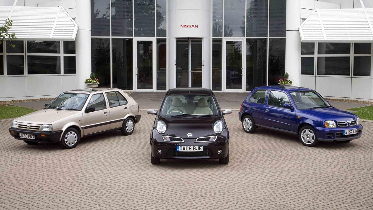 First three Nissan Micra generations together outside Nissan HQ