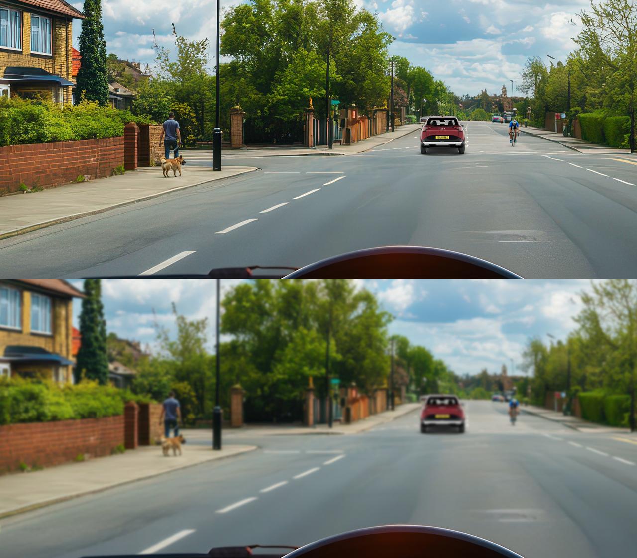 Image of driver point of view of the road with 20/20 vision and what the road looks like with poor eyesight