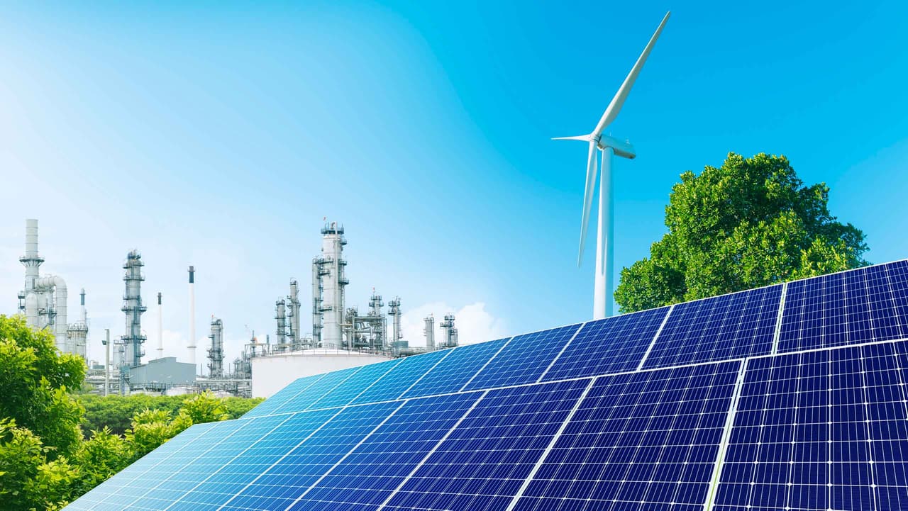 Solar panels in front of factory