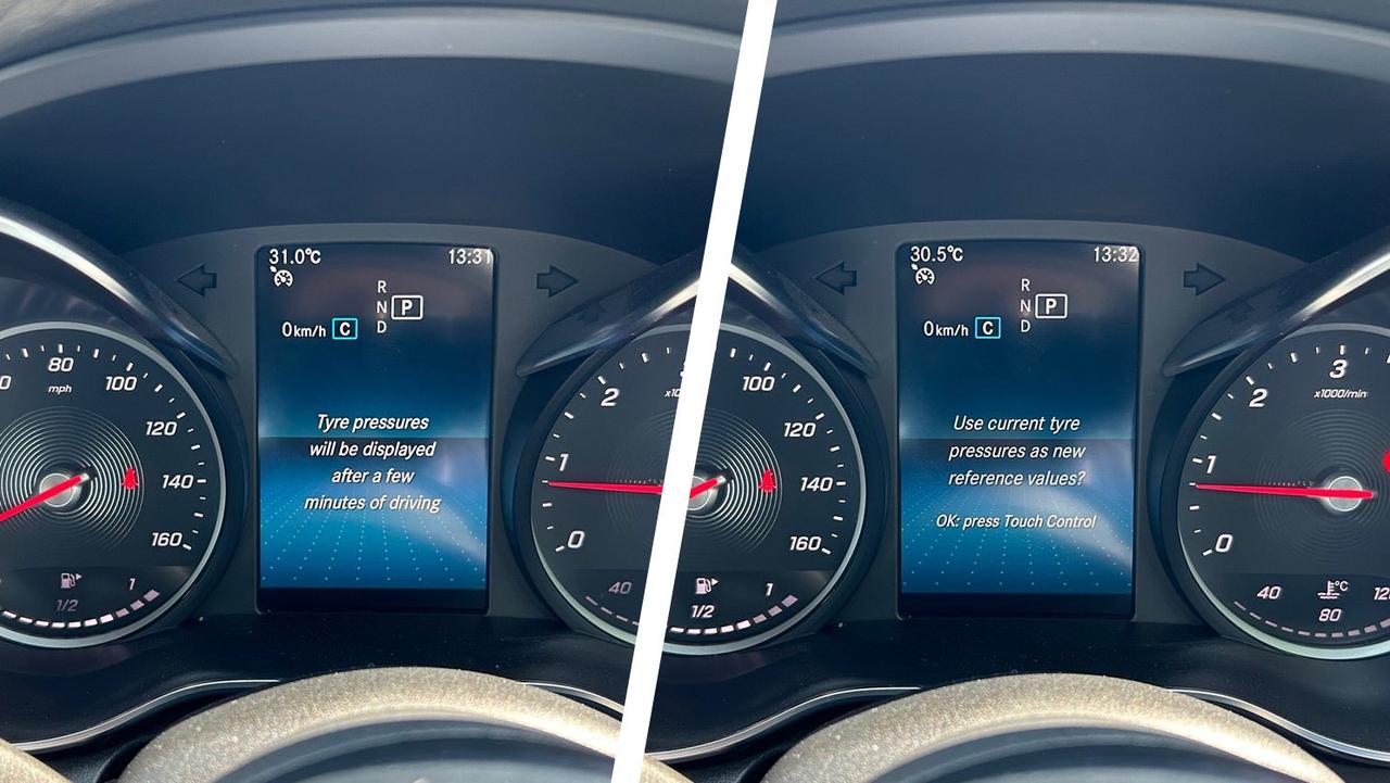 Mercedes C-Class, how to reset tyre pressures. Left image shows tyre pressure, right shows reset screen.