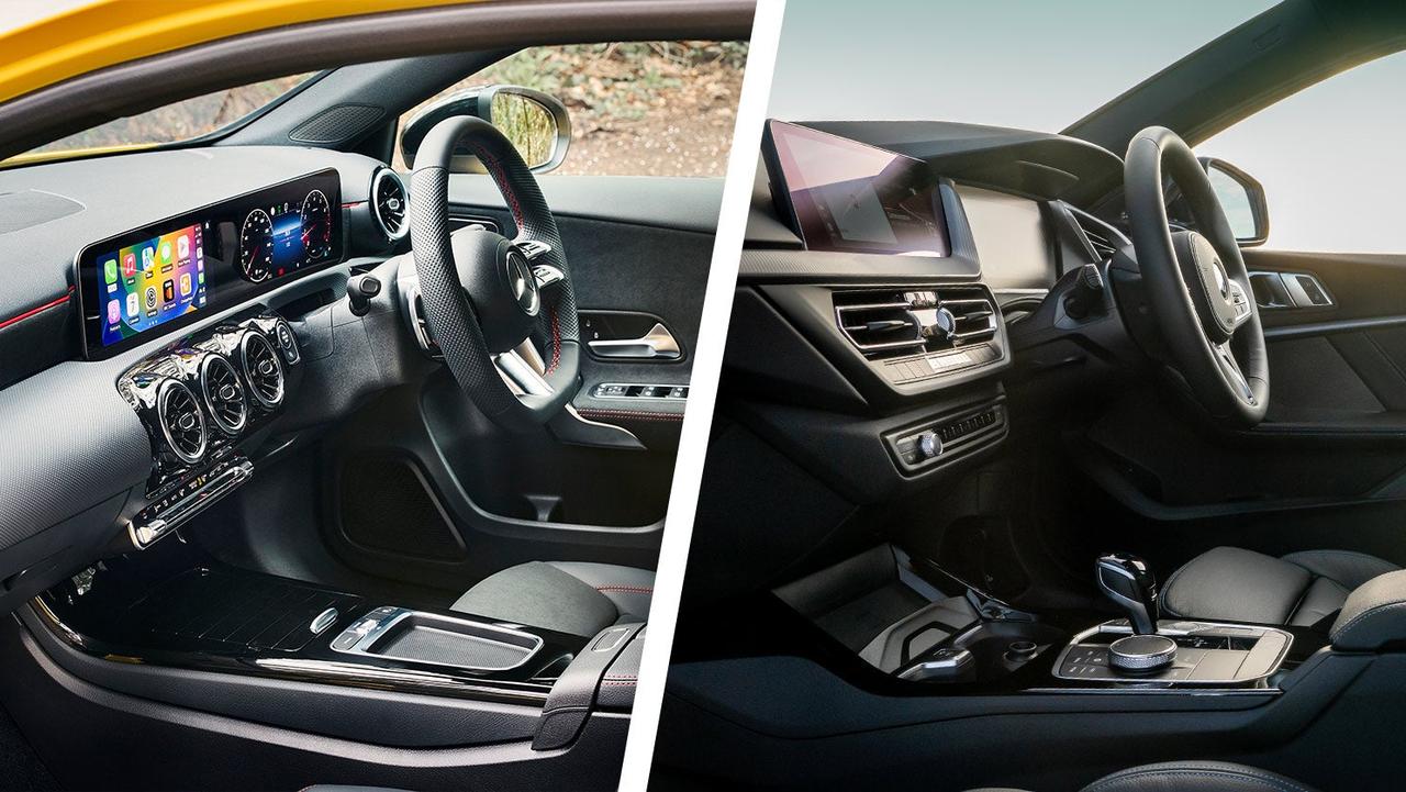 Mercedes A-Class (yellow) vs BMW 1 Series (blue) comparison image interior and dashboard