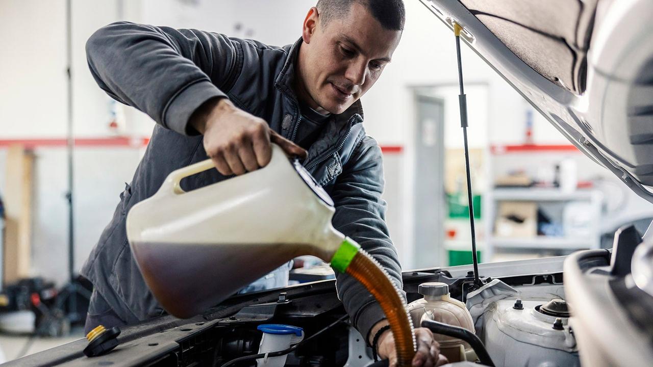 Person pouring oil into engine