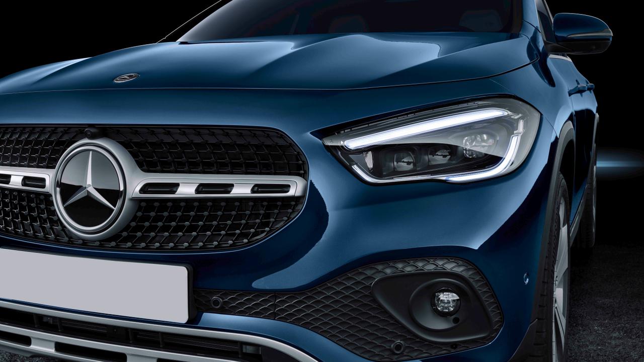 Blue Mercedes GLA, front end close up