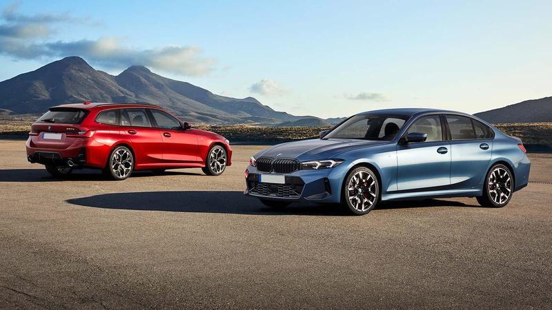 BMW 3 Series saloon and Touring estate, blue and red, static